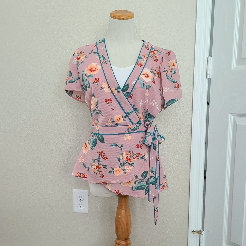 Red + Olive Pink Floral Kimono Style Blouse Size L